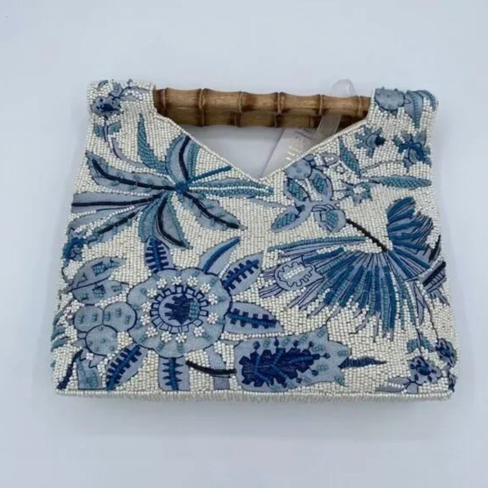 Blue and White Floral Beaded Bamboo Handle Bag Viral Tik Tok Made in India NWT